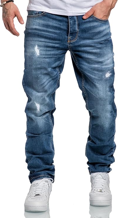 Men's Jeans Regular Straight Fit Denim Trousers Destroyed